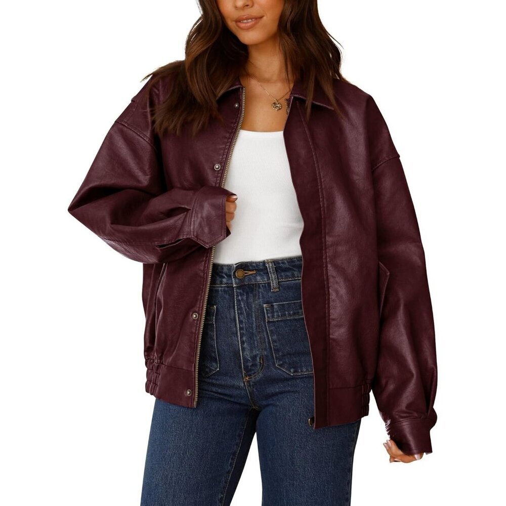 Women Faux Leather Motorcycle Jacket Oversized Zip Up Winter Outerwear Wine Red